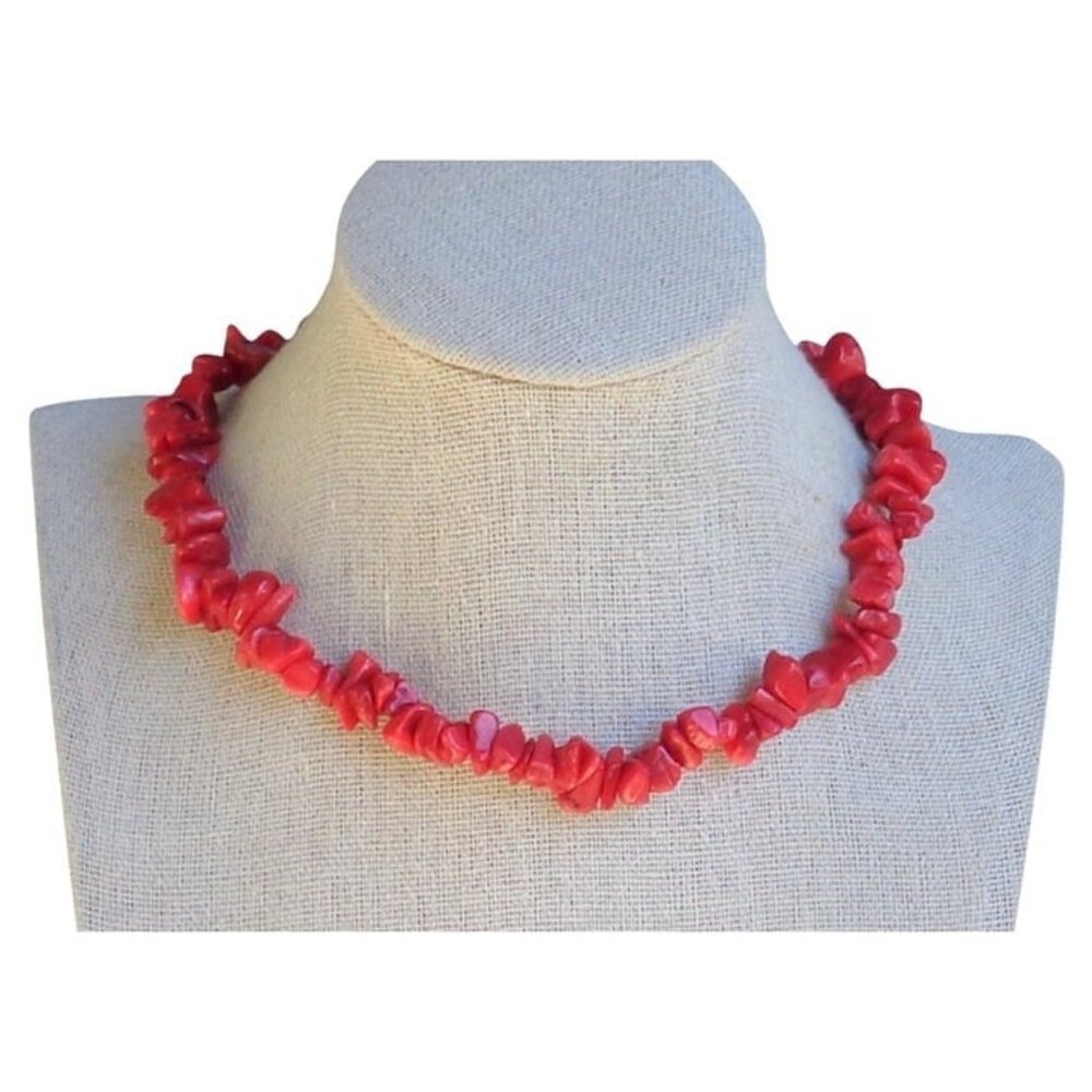 Vtg Red Coral Chip Bead Beaded Necklace Short Choker 16" Single Strand 925 Clasp